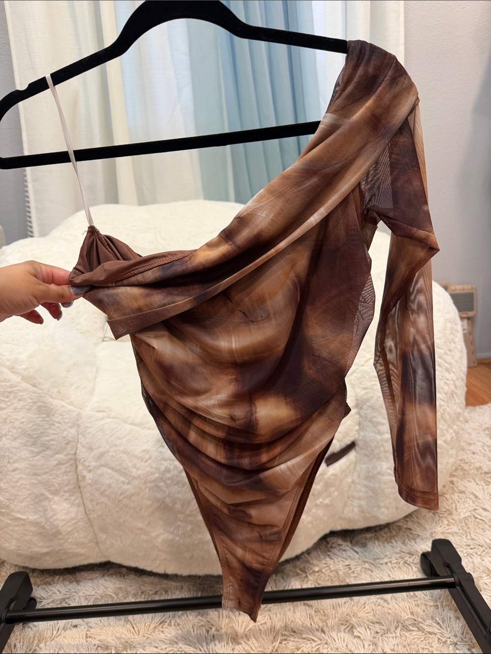 SHEIN Brown Tan Marble One-Shoulder Mesh Bodysuit